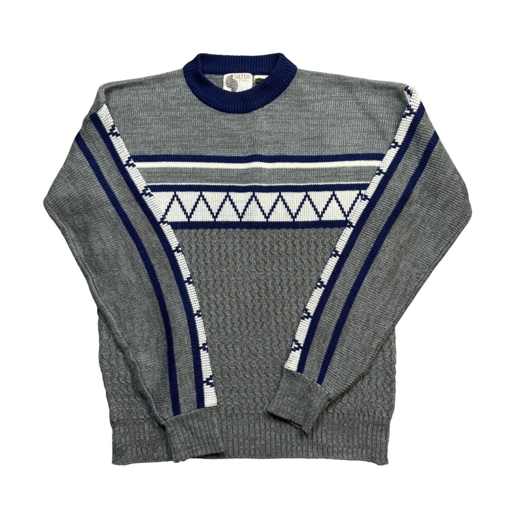 Vintage Silton California Mens Large Gray Geometric Knit Acrylic Sweater